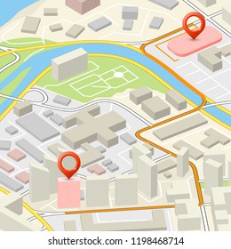 Navegación de mapas urbanos isométricos, fondo de marcadores puntuales, esquema de dibujo de isometría vectorial, navegación GPS de plan urbano simple 3D, mapa de ciudad de papel de flecha de destino final. Gráfico de punto de control de entrega de ruta