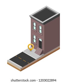 Isometric city map navigation, point markers background, vector isometry drawing home, 3D simple city house GPS navigation, final destination arrow paper city home. Route delivery check point graphic