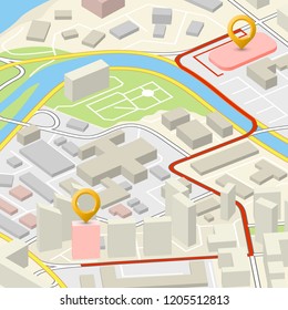 Isometric city map navigation, point markers background, vector isometry drawing schema, 3D simple city plan GPS navigation, final destination arrow paper city map. Route delivery check point graphic