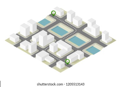 Isometric city map navigation, point markers background, vector isometry drawing schema, 3D simple city plan GPS navigation, final destination arrow paper city map. Route delivery check point graphic