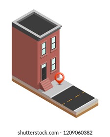 Isometric city map navigation, point markers background, vector isometry drawing home, 3D simple city house GPS navigation, final destination arrow paper city home. Route delivery check point graphic