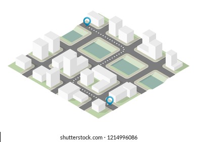 Isometric city map navigation, point markers background, vector isometry drawing schema, 3D simple city plan GPS navigation, final destination arrow paper city map. Route delivery check point graphic