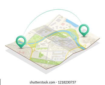 Isometric city map navigation, point markers background, vector isometry drawing schema, 3D simple city plan GPS navigation, final destination arrow paper city map. Route delivery check point graphic