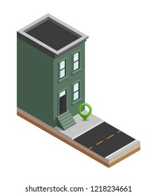 Isometric city map navigation, point markers background, vector isometry drawing home, 3D simple city house GPS navigation, final destination arrow paper city home. Route delivery check point graphic