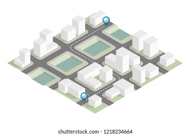 Isometric city map navigation, point markers background, vector isometry drawing schema, 3D simple city plan GPS navigation, final destination arrow paper city map. Route delivery check point graphic
