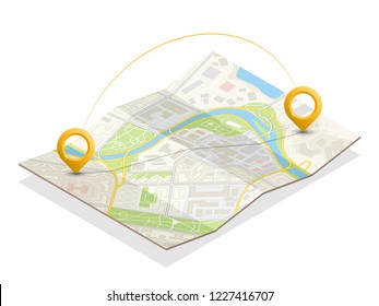 Isometric city map navigation, point markers background, vector isometry drawing schema, 3D simple city plan GPS navigation, final destination arrow paper city map. Route delivery check point graphic