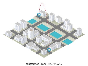Isometric city map navigation, point markers background, vector isometry drawing schema, 3D simple city plan GPS navigation, final destination arrow paper city map. Route delivery check point graphic