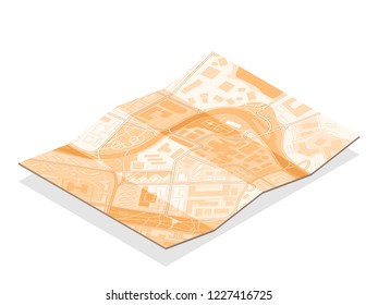 Isometric city map navigation, point markers background, vector isometry drawing schema, 3D simple city plan GPS navigation, final destination arrow paper city map. Route delivery check point graphic