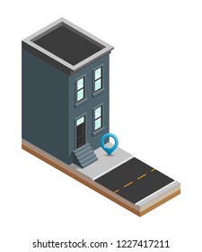 Isometric city map navigation, point markers background, vector isometry drawing home, 3D simple city house GPS navigation, final destination arrow paper city home. Route delivery check point graphic