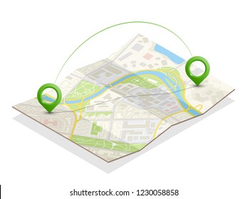 Isometric city map navigation, point markers background, vector isometry drawing schema, 3D simple city plan GPS navigation, final destination arrow paper city map. Route delivery check point graphic