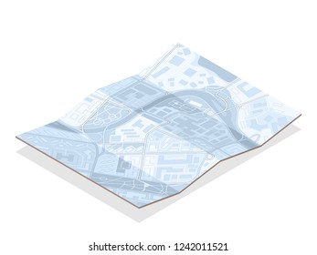 Isometric city map navigation, point markers background, vector isometry drawing schema, 3D simple city plan GPS navigation, final destination arrow paper city map. Route delivery check point graphic