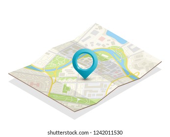 Isometric city map navigation, point markers background, vector isometry drawing schema, 3D simple city plan GPS navigation, final destination arrow paper city map. Route delivery check point graphic