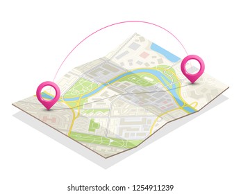 Isometric city map navigation, point markers background, vector isometry drawing schema, 3D simple city plan GPS navigation, final destination arrow paper city map. Route delivery check point graphic