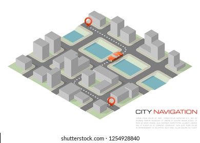 Navegación de mapas urbanos isométricos, fondo de marcadores puntuales, esquema de dibujo de isometría vectorial, navegación GPS de plan urbano simple 3D, mapa de ciudad de papel de flecha de destino final. Gráfico de punto de control de entrega de ruta