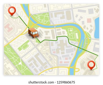 Isometric city map navigation, point markers background, vector isometry drawing schema, 3D simple city plan GPS navigation, final destination arrow paper city map. Route delivery check point graphic