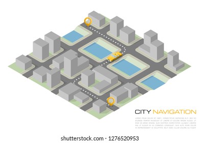 Isometric city map navigation, point markers background, vector isometry drawing schema, 3D simple city plan GPS navigation, final destination arrow paper city map. Route delivery check point graphic