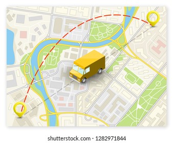 Isometric city map navigation, point markers background, vector isometry drawing schema, 3D simple city plan GPS navigation, final destination arrow paper city map. Route delivery check point graphic