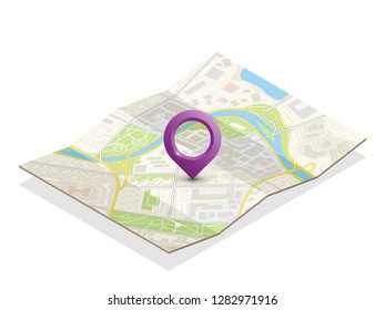 Isometric city map navigation, point markers background, vector isometry drawing schema, 3D simple city plan GPS navigation, final destination arrow paper city map. Route delivery check point graphic