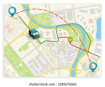 Isometric city map navigation, point markers background, vector isometry drawing schema, 3D simple city plan GPS navigation, final destination arrow paper city map. Route delivery check point graphic