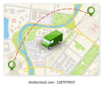 Isometric city map navigation, point markers background, vector isometry drawing schema, 3D simple city plan GPS navigation, final destination arrow paper city map. Route delivery check point graphic