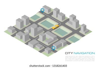 Isometric city map navigation, point markers background, vector isometry drawing schema, 3D simple city plan GPS navigation, final destination arrow paper city map. Route delivery check point graphic