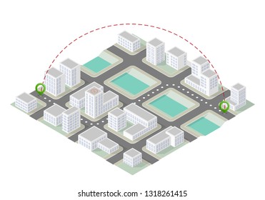 Isometric city map navigation, point markers background, vector isometry drawing schema, 3D simple city plan GPS navigation, final destination arrow paper city map. Route delivery check point graphic
