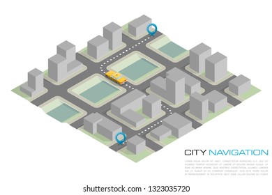 Isometric city map navigation, point markers background, vector isometry drawing schema, 3D simple city plan GPS navigation, final destination arrow paper city map. Route delivery check point graphic
