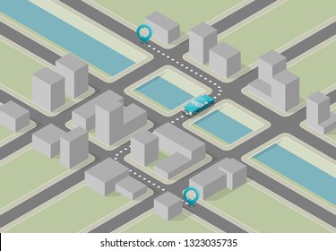Isometric city map navigation, point markers background, vector isometry drawing schema, 3D simple city plan GPS navigation, final destination arrow paper city map. Route delivery check point graphic