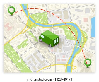 Isometric city map navigation, point markers background, vector isometry drawing schema, 3D simple city plan GPS navigation, final destination arrow paper city map. Route delivery check point graphic