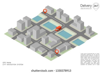 Isometric city map navigation, point markers background, vector isometry drawing schema, 3D simple city plan GPS navigation, final destination arrow paper city map. Route delivery check point graphic