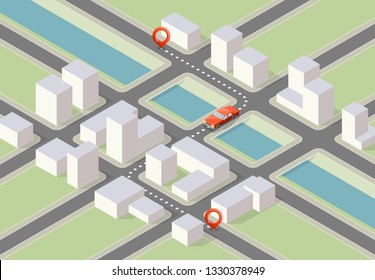 Isometric city map navigation, point markers background, vector isometry drawing schema, 3D simple city plan GPS navigation, final destination arrow paper city map. Route delivery check point graphic
