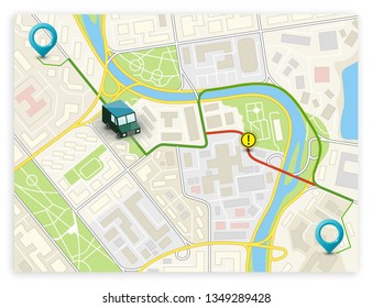 Isometric city map navigation, point markers background, vector isometry drawing schema, 3D simple city plan GPS navigation, final destination arrow paper city map. Route delivery check point graphic