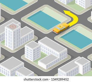 Isometric city map navigation, point markers background, vector isometry drawing schema, 3D simple city plan GPS navigation, final destination arrow paper city map. Route delivery check point graphic