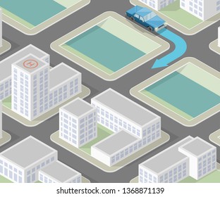 Isometric city map navigation, point markers background, vector isometry drawing schema, 3D simple city plan GPS navigation, final destination arrow paper city map. Route delivery check point graphic