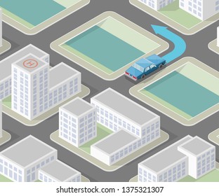 Isometric city map navigation, point markers background, vector isometry drawing schema, 3D simple city plan GPS navigation, final destination arrow paper city map. Route delivery check point graphic