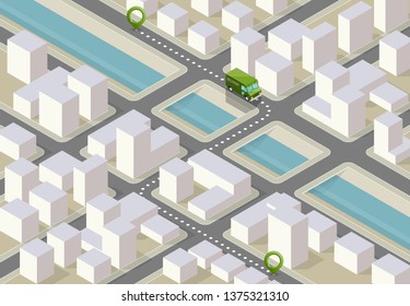 Isometric city map navigation, point markers background, vector isometry drawing schema, 3D simple city plan GPS navigation, final destination arrow paper city map. Route delivery check point graphic