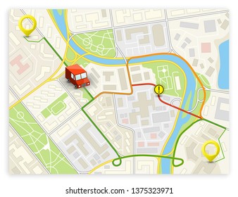Isometric city map navigation, point markers background, vector isometry drawing schema, 3D simple city plan GPS navigation, final destination arrow paper city map. Route delivery check point graphic