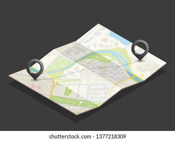 Isometric city map navigation, point markers background, vector isometry drawing schema, 3D simple city plan GPS navigation, final destination arrow paper city map. Route delivery check point graphic