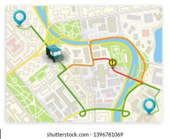 Isometric city map navigation, point markers background, vector isometry drawing schema, 3D simple city plan GPS navigation, final destination arrow paper city map. Route delivery check point graphic