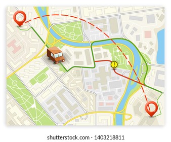 Isometric city map navigation, point markers background, vector isometry drawing schema, 3D simple city plan GPS navigation, final destination arrow paper city map. Route delivery check point graphic
