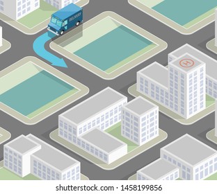 Isometric city map navigation, point markers background, vector isometry drawing schema, 3D simple city plan GPS navigation, final destination arrow paper city map. Route delivery check point graphic