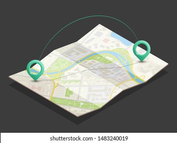 Isometric city map navigation, point markers background, vector isometry drawing schema, 3D simple city plan GPS navigation, final destination arrow paper city map. Route delivery check point graphic