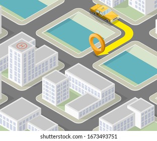 Isometric city map navigation, point markers background, Flat isometry 3D simple city plan GPS navigation, final destination arrow. Route delivery check point graphic
