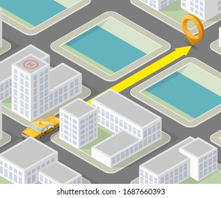 Isometric city map navigation, point markers background, Flat isometry 3D simple city plan GPS navigation, final destination arrow. Route delivery check point graphic