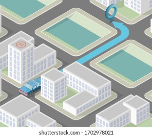 Isometric city map navigation, point markers background, Flat isometry 3D simple city plan GPS navigation, final destination arrow. Route delivery check point graphic