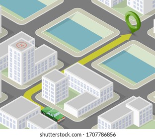 Navegación de mapas urbanos isométricos, fondo de marcadores puntuales, navegación 3D de plano urbano simple con GPS isometría plana, flecha de destino final. Gráfico de punto de control de entrega de ruta