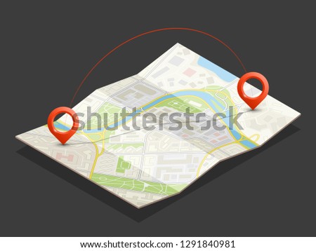 Isometric city map navigation, point markers background, vector isometry drawing schema, 3D simple city plan GPS navigation, final destination arrow paper city map. Route delivery check point graphic