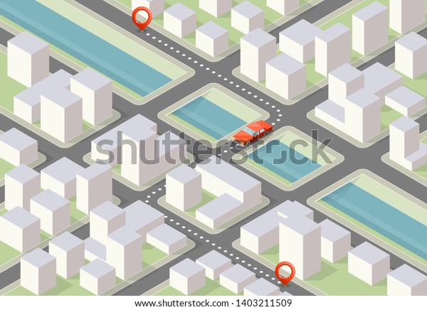 Isometric City Map Navigation Point Markers Background Vector Isometry Drawing Schema 3d 