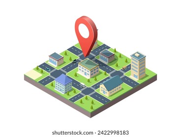 Navegación de mapa de ciudad isométrica con ubicación de puntero