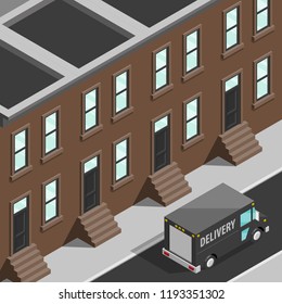 Isometric City map navigation route, point marker delivery van, vector drawing itinerary delivery car, city plan GPS navigation itinerary destination arrow city map. Route delivery check point graphic